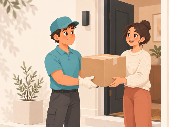 An Alpha Movers mover handing a moving box to a customer at her front door in London